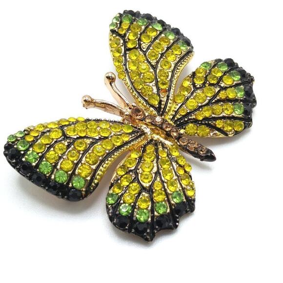 Vintage Butterfly Brooch Yellow Green Black Rhinestones Gold Tone Insect Pin - Picture 2 of 8
